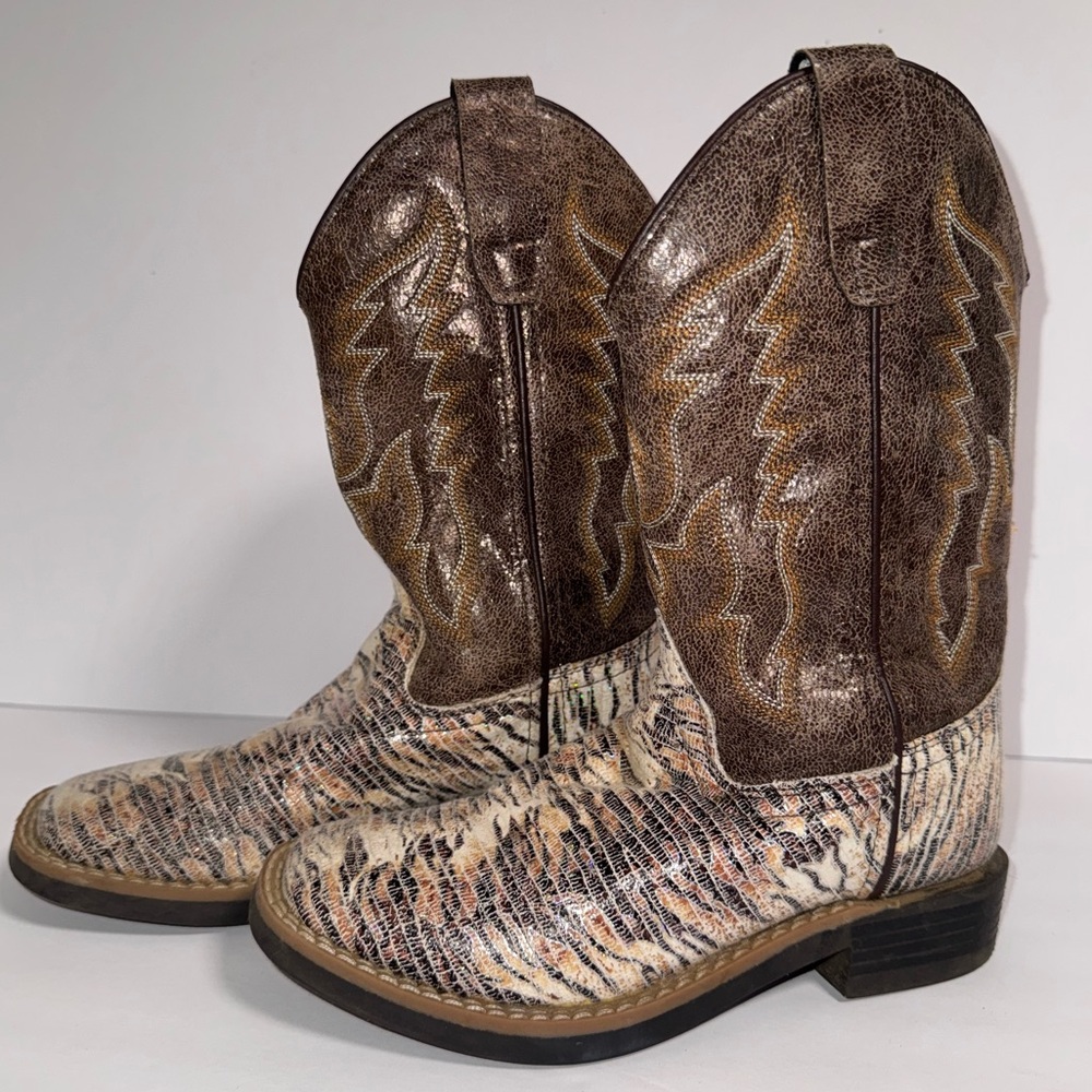 Old West Kids Cowboy Boots - Sparkly brown and tan snake print - kids size 1